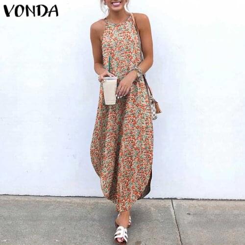 Elegant Asymmetric Dress Women Vintage Printed Maxi Dresses 2021 VONDA Bohemian Sundress Party Vestidos Femme Robe