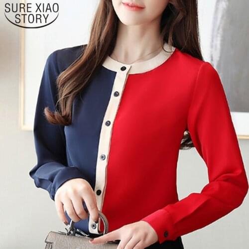 Korean Style Elegant Chiffon Blouses Spring Autumn Women Tops Long Sleeve Female O-Neck Work Wear Female Clothes 7189 50