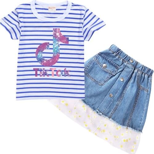 TIK TOK Girl T Shirt Skirt Set Baby Girl Dress Set Princess Girl Cotton Short Sleeve Dress Set