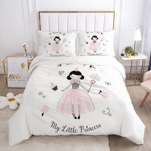 Girls Princess Cartoon White Bedding Set Cute Duvet Cover Set Pillowcase For Baby Kid Children Pink Swan Queen Size Quilt Cover