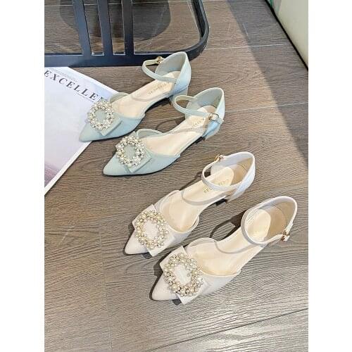 Hot Sale One-Word Buckle Exquisite Pearl Metal Decoration Ladies Single Shoes Summer New Fashion Pointed High Heels