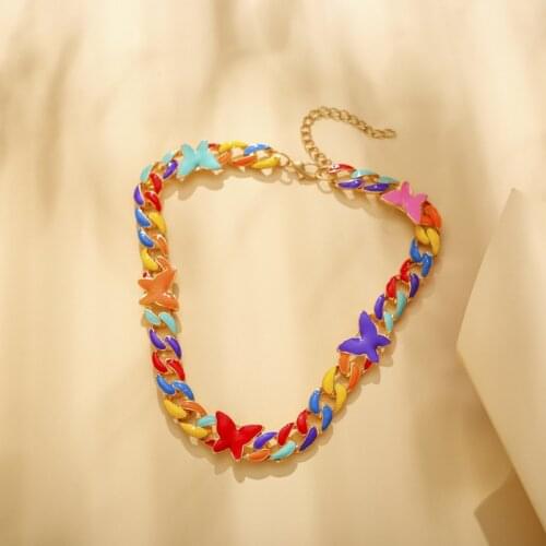 Fashion Rainbow Enamel Chokers Necklaces for Women Punk Hip Hop Candy Color Contrasted Butterfly Chunky Cuban Chain Necklace