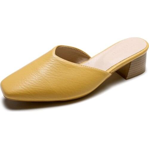 2020 New Women Shoes Woman Mules Sexy Ladies Shoes Slippers Cover Square Toe Thick High Heels Solid Leather Casual Shoes Slides