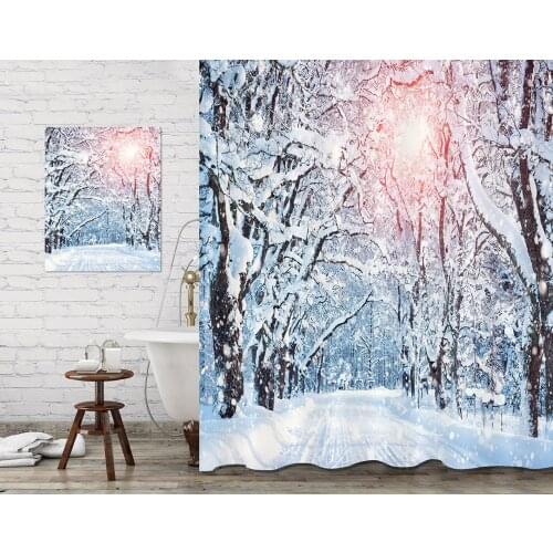 Bathroom Set Shower Curtain & Painting Snowy Alley Beautiful Trees Winter Scene