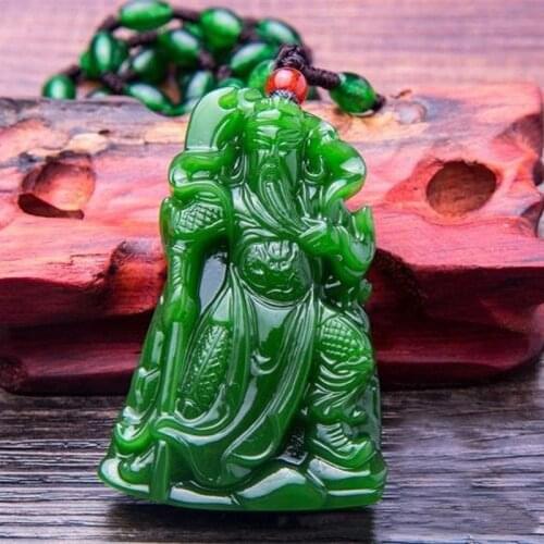 Natural Green Hand Carved Guan Gong Jade Pendant Fashion Jewelry Mens and Womens Wu Cai Shen Guan Gong Necklace