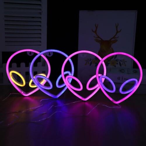 Neon Sign Alien Face Shaped Wall Hanging Lights for Home Childrens Room Saucerman Night Lamps Xmas Party Holiday Art Decor
