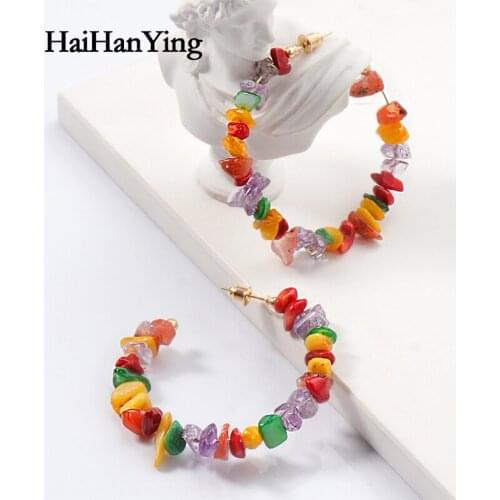 New Colorful Gemstones C-shaped Large Geometric Hook Earrings Bohemian ZA Handmade Jewelry Korean Jewelry for Women