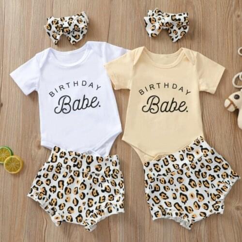 Three Piece Baby Girls Clothes Fresh Letter Short Sleeve Bodysuit and Leopard Shorts with Headband Summer