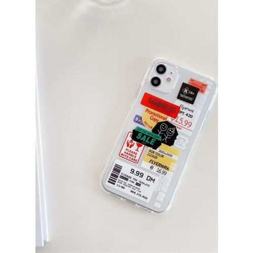 Korea funny bar code phone case for iphone 11 12 mini Pro MAX XS XR X 7 8 Plus smile sales art label soft clear shockproof cover