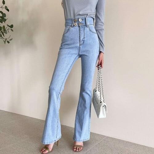 Sannian Women Jeans Spring And Autumn Four Buckle Design High Waist Trim Leg Length Washed Blue Flared Jeans Pants Women Clothes