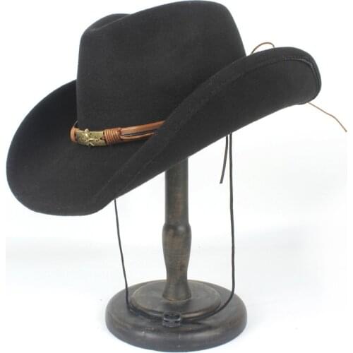 2019 Fascinator Women Men Wool Hollow Western Cowboy Hat Roll-up Brim Gentleman Outblack Sombrero Hombre Jazz Cap Wind Rope