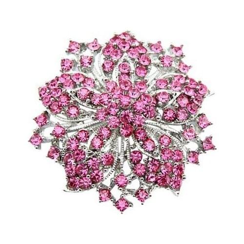 Vintage Rhodium Silver Plated Hot Pink Rhinestone Crystal Diamante Flower Bouquet Pin Brooch