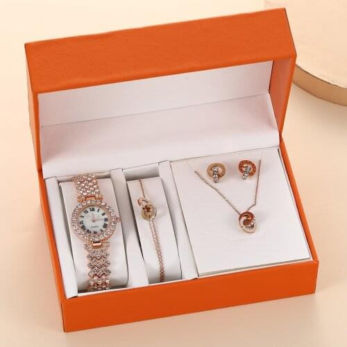 XSVO Ladies Temperament Luxury Boutique Set Gift Box Full Steel Band Quartz Watch + Bracelet + Necklace + Earrings Gift Box Set