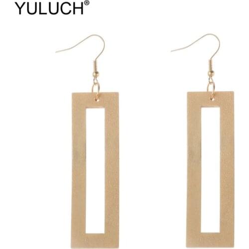 YULUCH 2019 Fashion Gold Wooden Rectangle Hollow Dangle Drop Earrings African Boho Hanging Statement Earrings For Women Girls