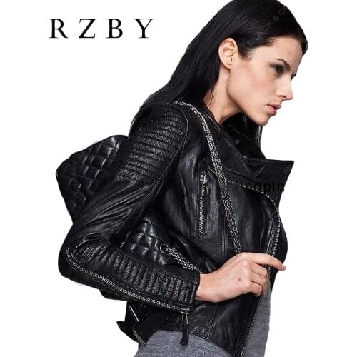 RZBY Genuine Leather Jacket Women 100% real Sheepskin leather Black Soft Slim Fit Punk Bomber Female Leather Coat Autumn