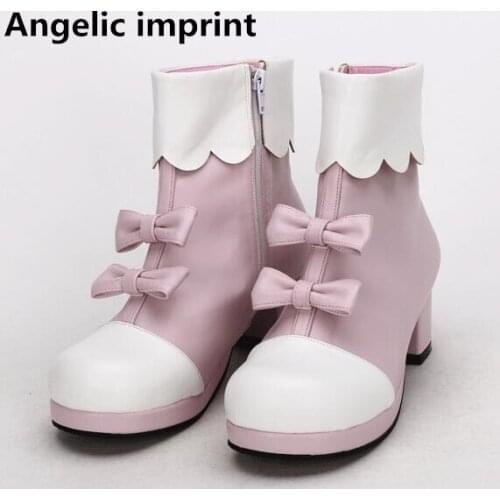 Angelic imprint handmade mori girl Women cosplay short boots lady lolita ankle Boots woman mid heels pumps shoes bowtie 33-47