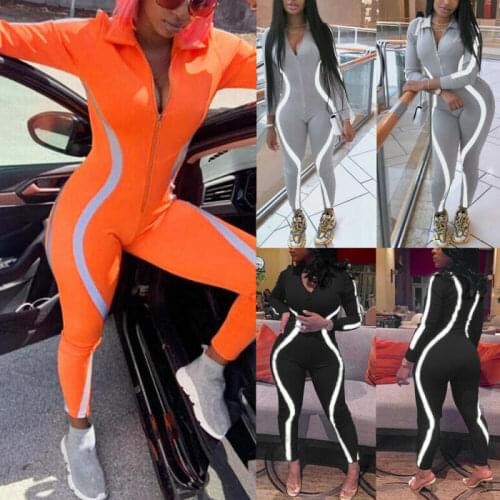 2021 Autumn Women Reflective Striped Jumpsuit Long Sleeve V-Neck Zipper Bodycon Romper Sexy Skinny Ladies Long Pants Jumpsuit