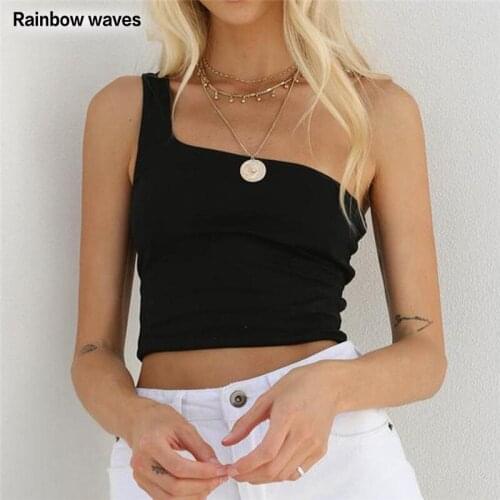 Rainbowwaves 2021 Summer Women Sports Top One-Shoulder Casual Solid Color Crop Top