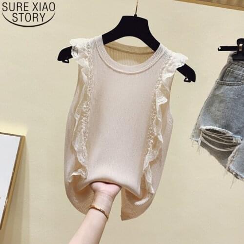 Fashion Ruffles Sleeveless Ice Silk Tank Top Summer New Lace Stitching Pullover Round Neck Thin Bottoming Vest for Women 14207