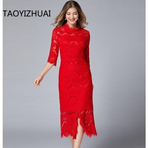 TAOYIZHUAI women long lace dress autumn irregular neck half sleeves red color casual style Asymmetric plus size party vestidos