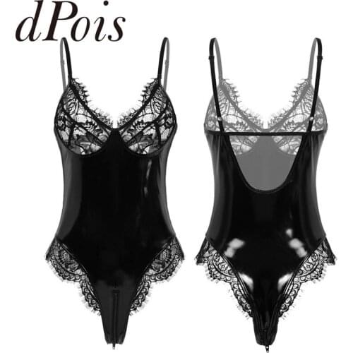 Women Lace Cups One-piece Wetlook Patent Leather Lingerie Spaghetti Straps Zippered Crotch High Cut Teddy Bodysuit Nightwear