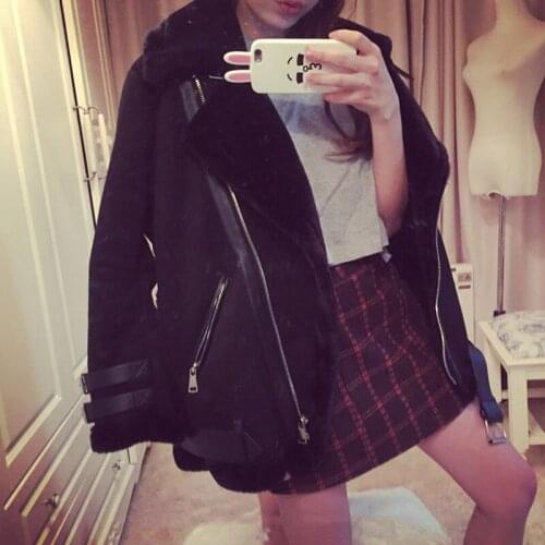 Autumn winter women european fashion black color cool motorcycle style suede leather plus wool lamb fur liner warm coat parka