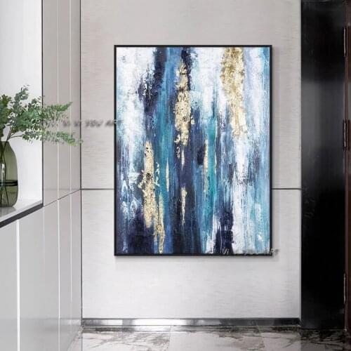 Abstract Blue With Gold Foil 100 Hand Painted Oil Painting On Canvas Handmade Modern Wall Art For Living Room Office