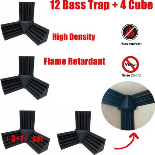 High Density Acoustic Foam 12Pcs Wall Bass Trap + 4Pcs Cube Flame Retardant Sound Absorption Treatment Sealing Strip Espuma