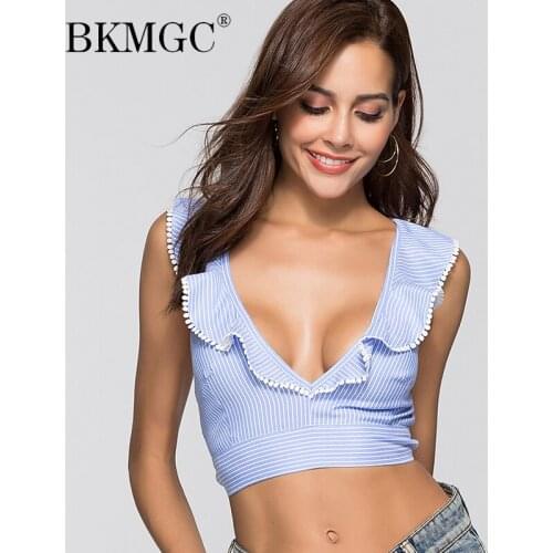 BKMGC Women Sexy Bandaged Back Sexy Deep V Short Top Elegant Strap Clothing Girl Summer Cool Sexy Club Top Shirt