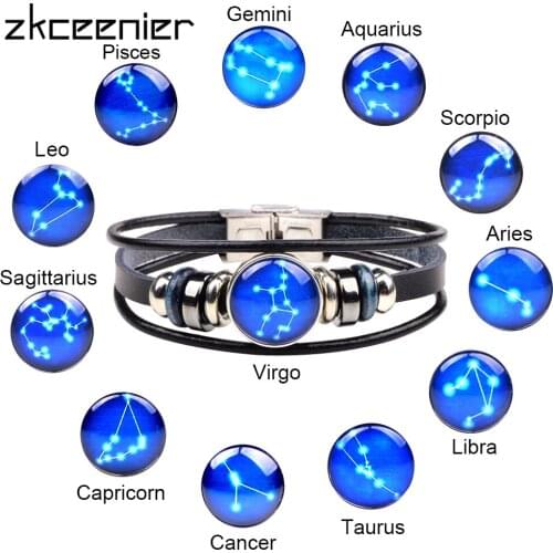 New Genuine Leather Handmade Twelve Constellations Couple Bracelet for Women Men Leather Bracelet Jewelry New Gifts