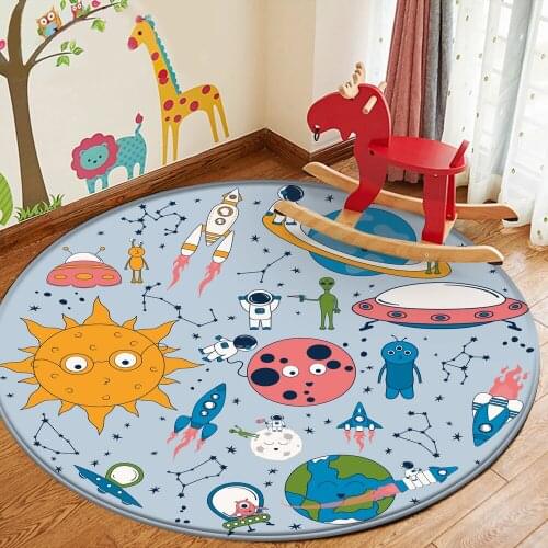 Children Round Carpet Non-Slip Children Safety Flannel Carpet Alien Astronaut Pattern Baby Hand Print Carpet Baby Play Mat