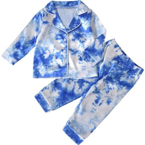 Kids 2Pcs Pajama Set Tie-Dyed Lapel Long-Sleeves Button Open Top Elastic Loose Pants Baby Girls Boys Sleepwear Suit 1-7Y