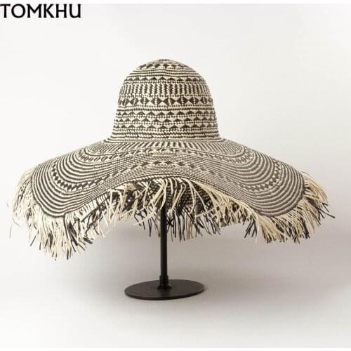 French Elegant Womens Summer Hat Black White Patchwork Dome Fringed Edge Big Wide Brim Hat Straw Hat Beach Hat panama Sun Hat