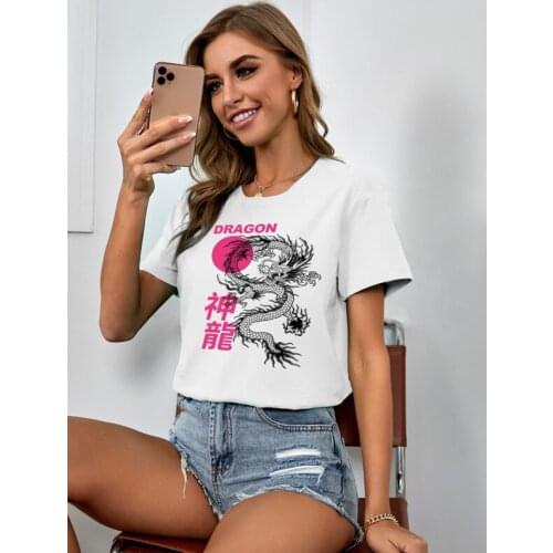 Women T-shirts Harajuku Streetwear Tops Chinese Dragon Print Oversized T Shirt Women Summer Casual Short Sleeve T Shirt Female