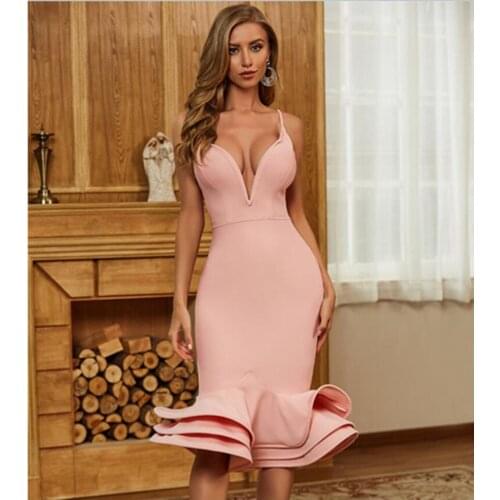 Hot Bodycon Bandage Dress 2021 Sexy V Neck Backless Ruffle Ball Gown Women Summer Dress Fashion Evening Party Dress Vestido