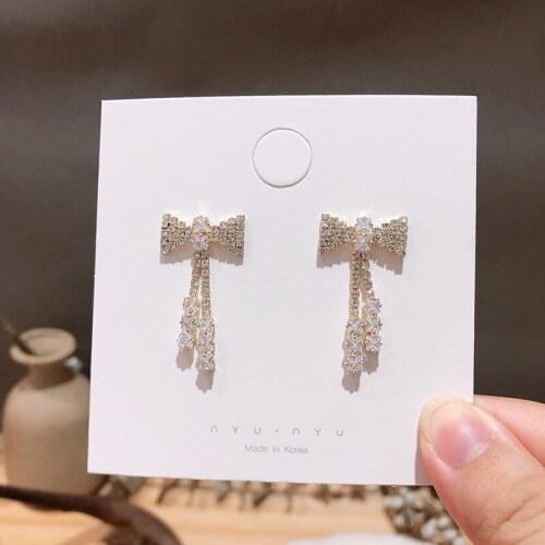Korean Fashion Shiny Crystal Rhinestone Bowknot Earrings for Women Girls Gold Color Alloy Long Drop Earrings Party Jewelry Gift