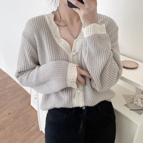 Korean V-neck Color Matching Short Knitted Cardigan Autumn Vintage Single-breasted Long Sleeve Casual Knitwear Coat Sueter Mujer