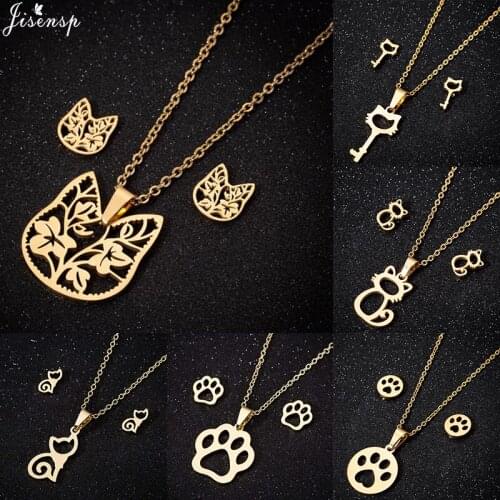 Jisensp Lovely Kitty Stainless Steel Jewelry Sets Hollow Animal Cat Pendant Necklace Earrings for Women Fashion Jewelry Gift