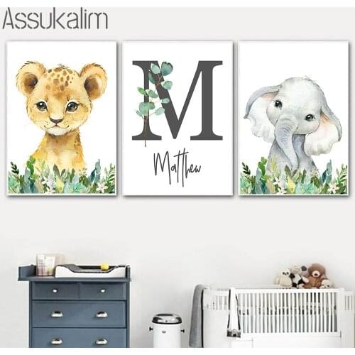 Personalized Boy Name Poster Animals Canvas Painting Lion Giraffe Print Nursery Wall Prints Nordic Wall Pictures Kids Room Decor