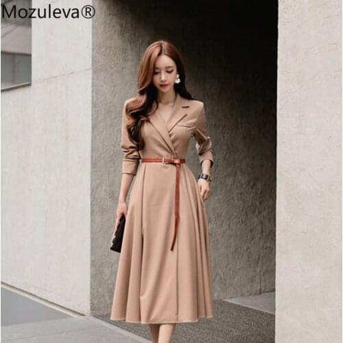 Mozuleva Elegant V-neck Women A-line Dress Casual Full Sleeve Long Dress Sashes Pleated Patry Vestidos femme 2018 Autumn Winter