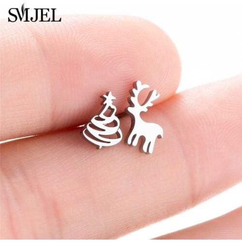 SMJEL Decoration Christmas Tree Stud Earrings Cute Elk Animal Deer Earring Stainless Steel Jewelry Women Girls New Year Gift