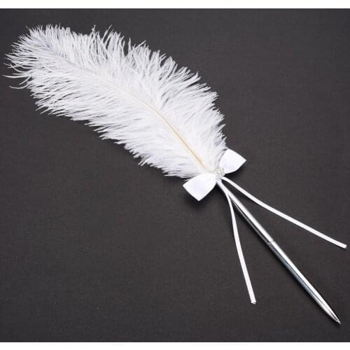 Wedding Fahion White Ostrich Feather Pen Long Quill Guest Signing Pen Decor With Diamante Bow Wedding Party Favors Supplies