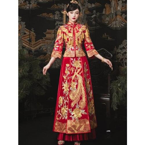 Classic Flowers Phoenix Embroidery Qipao Chinese Wedding Dress Bride Traditional Banquet Costume Cheongsam костюм для восточных