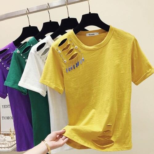 Women Tshirt 2020 Ladies Tops Short Hollow Out Solid O-Neck Black Top Korean Women Clothing White Shirts Blusas Femininas 0643