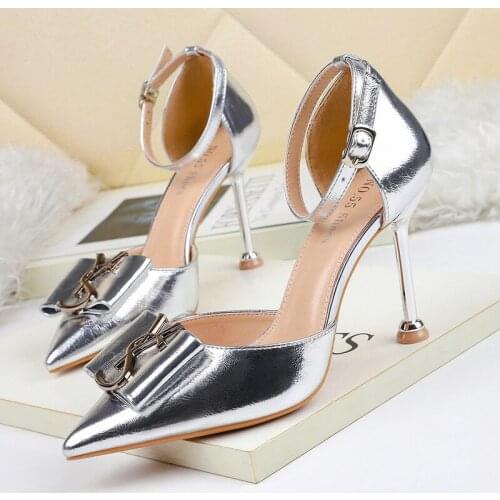 Women sandals PU Buckle Strap 6.5CM 9.5CM Thin Heels High heels Pointed Toe Metal decoration Butterfly-knot Shallow black red