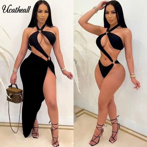 Sexy Hollow OutTwo Pieces Set Womens Suits Summer Sleeveless Halter Neck Crop Body Tops High Waist Split Side Skirt Set