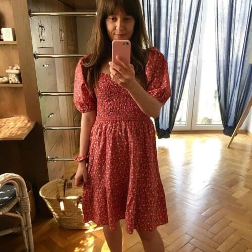 Jastie Red Floral Print Dress Women French Chic Elastic Bodice Flared Mini Dresses Puff Sleeves Casual Short Party Dress Vestido