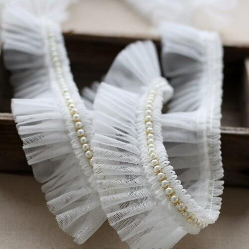 5meter Lace accessories folds pearl pleated ruffled net red gauze fabric white pink blue black 2021 new