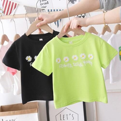 New T-shirt Kids Summer Children Cute Girls Boy Comfortable Cotton Short Sleeves Fashion Printing Flowers Letter Decoration