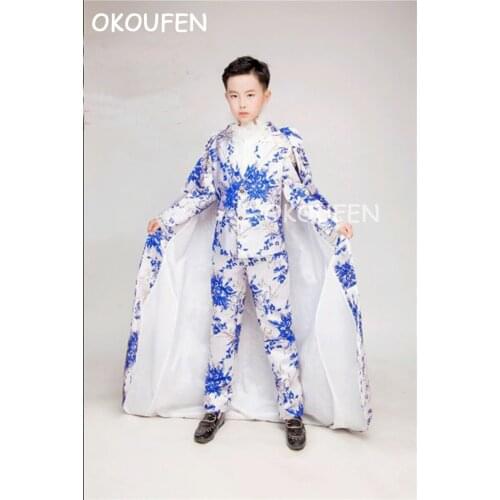 Customized Adult kids Costumes Chinese style Blue and white porcelain Printed Suits childrens catwalk stage show costumes